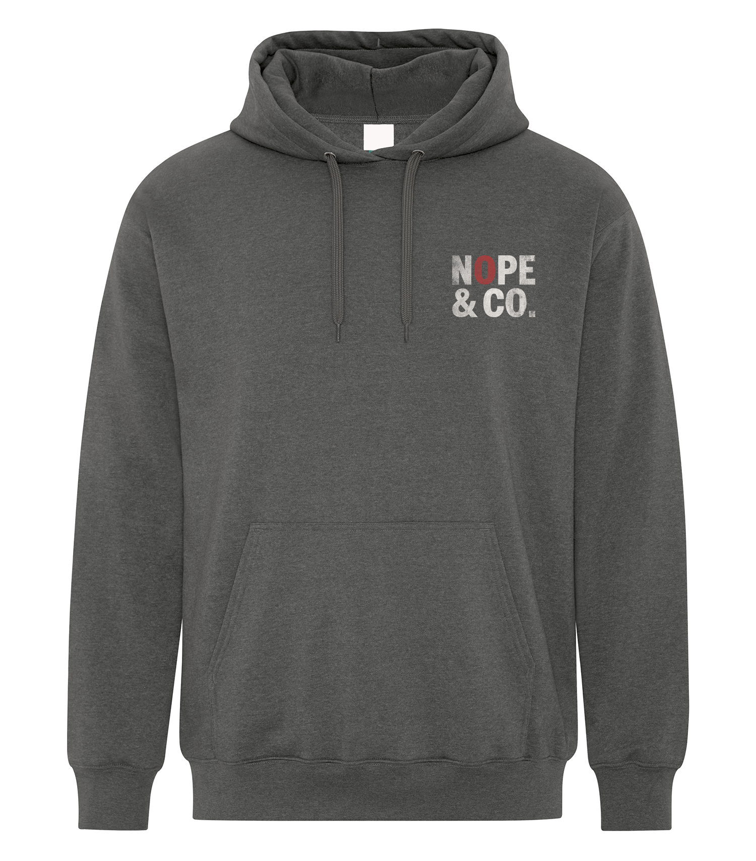 Gray hoodie with 'NOPE & CO.' logo on a white background