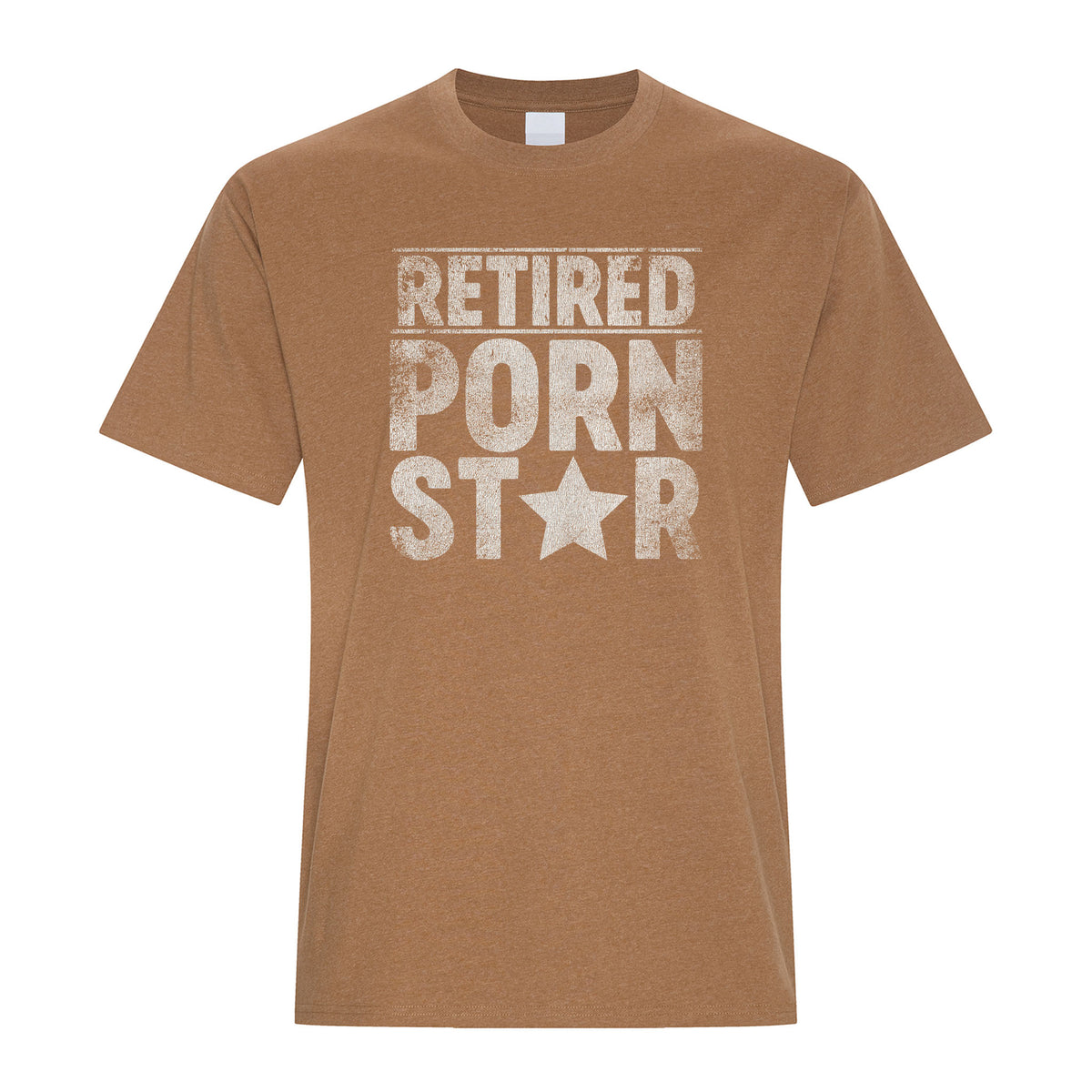 Caramel colored graphic T-shirt featuring large distressed white block lettering reading “Retired Porn Star,” with a white star replacing the letter A in “Star” for a bold vintage-style design.
