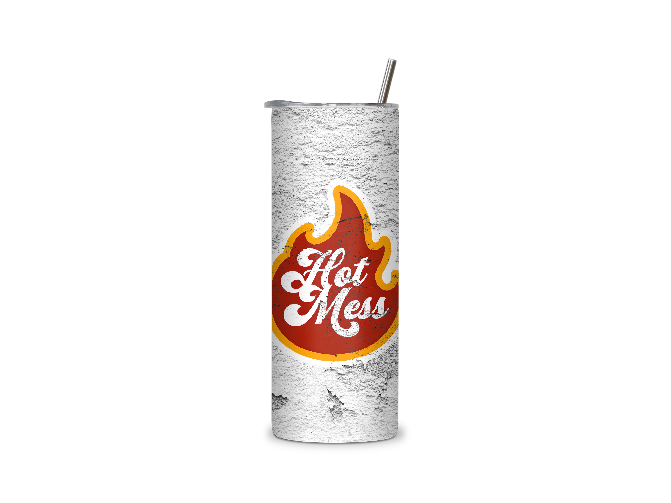 Hot Mess full-wrap insulated tumbler featuring white script inside a red and orange flame graphic on a weathered concrete-style background.