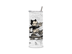 Skater Kat full-wrap insulated tumbler featuring a mischievous retro cartoon cat riding a skateboard on a weathered concrete-style background.