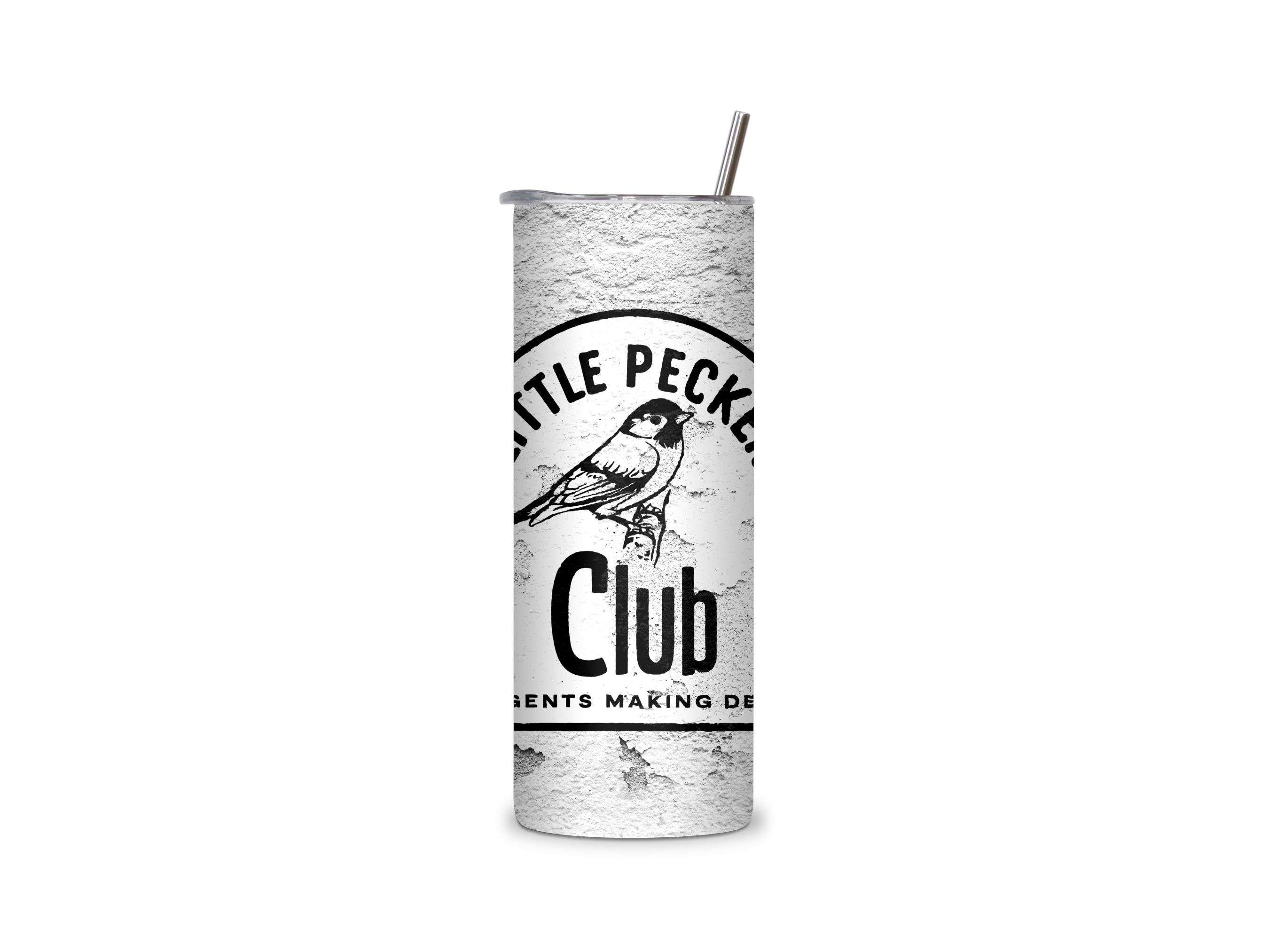 Little Peckers Club full-wrap insulated tumbler featuring a vintage bird illustration and the phrase Little Gents Making Dents on a weathered concrete-style background.