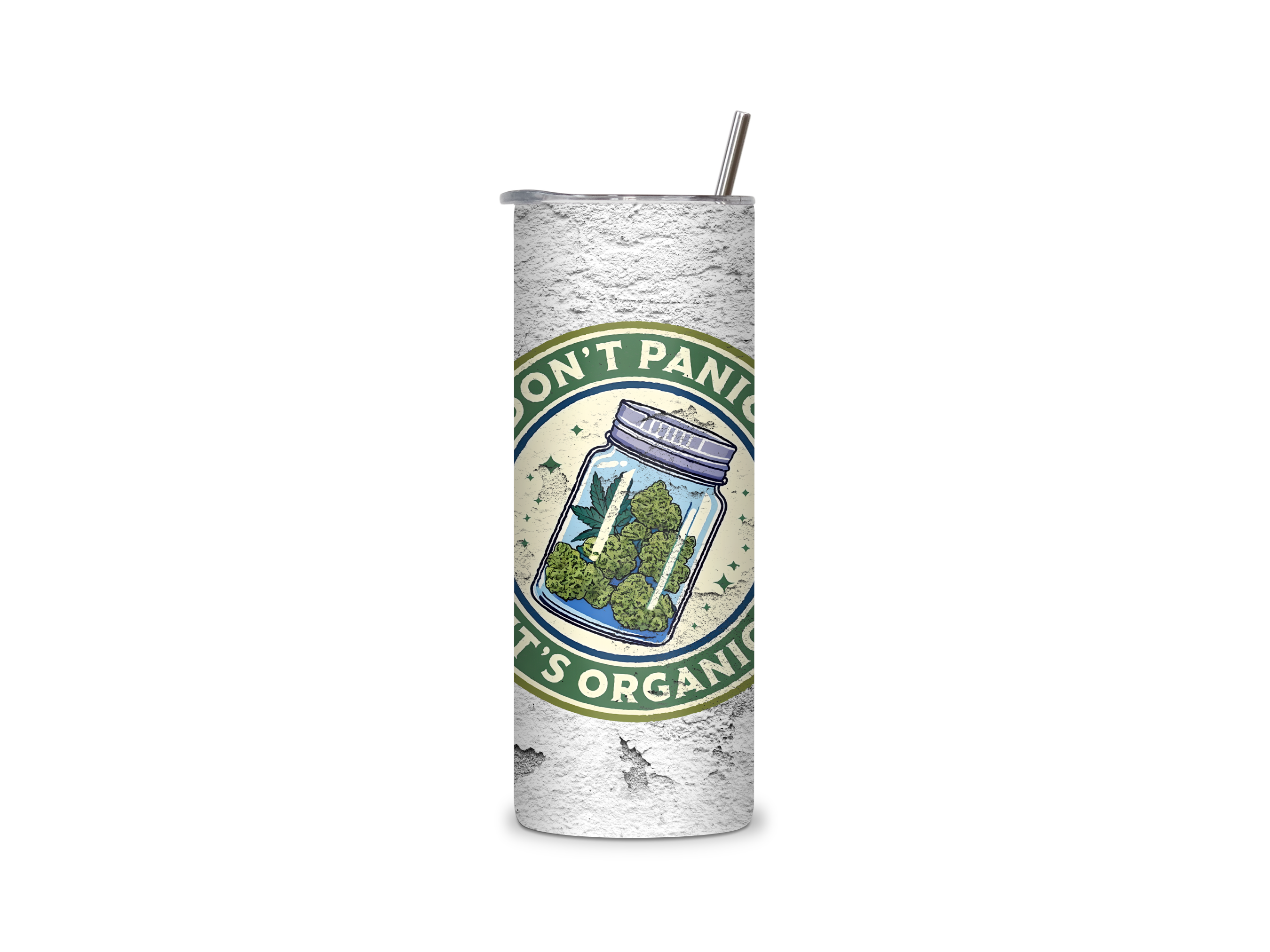 Don’t Panic, It’s Organic full-wrap insulated tumbler featuring a jar of cannabis buds inside a vintage green badge on a weathered concrete-style background.