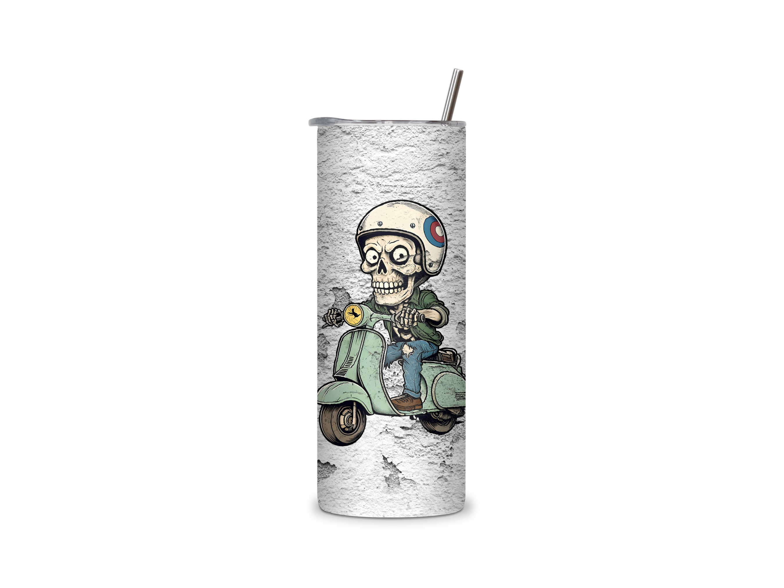 Bone Rider full-wrap insulated tumbler featuring a wide-eyed skeleton riding a vintage green scooter on a weathered concrete-style background.