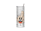 Happy Middle Finger full-wrap insulated tumbler featuring a smiling cartoon hand flipping the middle finger on a weathered concrete-style background.