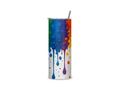 Unicorn Puke full-wrap insulated tumbler featuring thick rainbow paint drips in red, orange, yellow, green, blue, and purple on a white background.