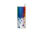 Unicorn Puke full-wrap insulated tumbler featuring thick rainbow paint drips in red, orange, yellow, green, blue, and purple on a white background.