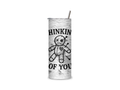 Thinking of You insulated tumbler featuring black lettering and a stitched doll with pins on a weathered concrete-style background.