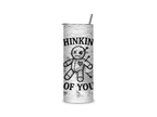 Thinking of You insulated tumbler featuring black lettering and a stitched doll with pins on a weathered concrete-style background.