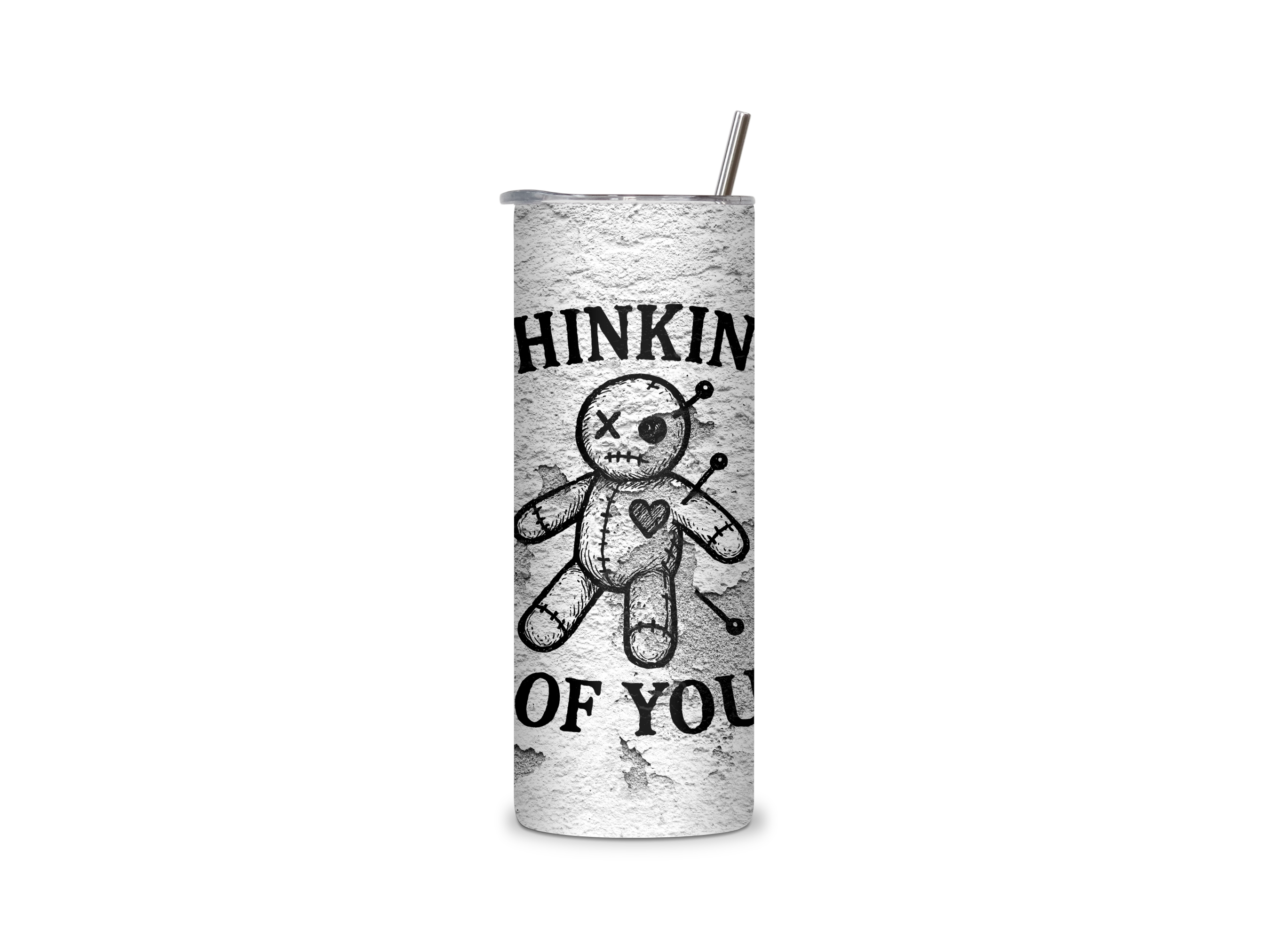 Thinking of You insulated tumbler featuring black lettering and a stitched doll with pins on a weathered concrete-style background.