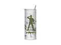 Little Green Army Men Squad insulated tumbler featuring multiple olive-green toy soldiers and a central saluting figure on a weathered concrete-style background.
