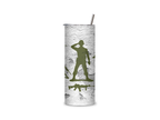 Little Green Army Men Squad insulated tumbler featuring multiple olive-green toy soldiers and a central saluting figure on a weathered concrete-style background.