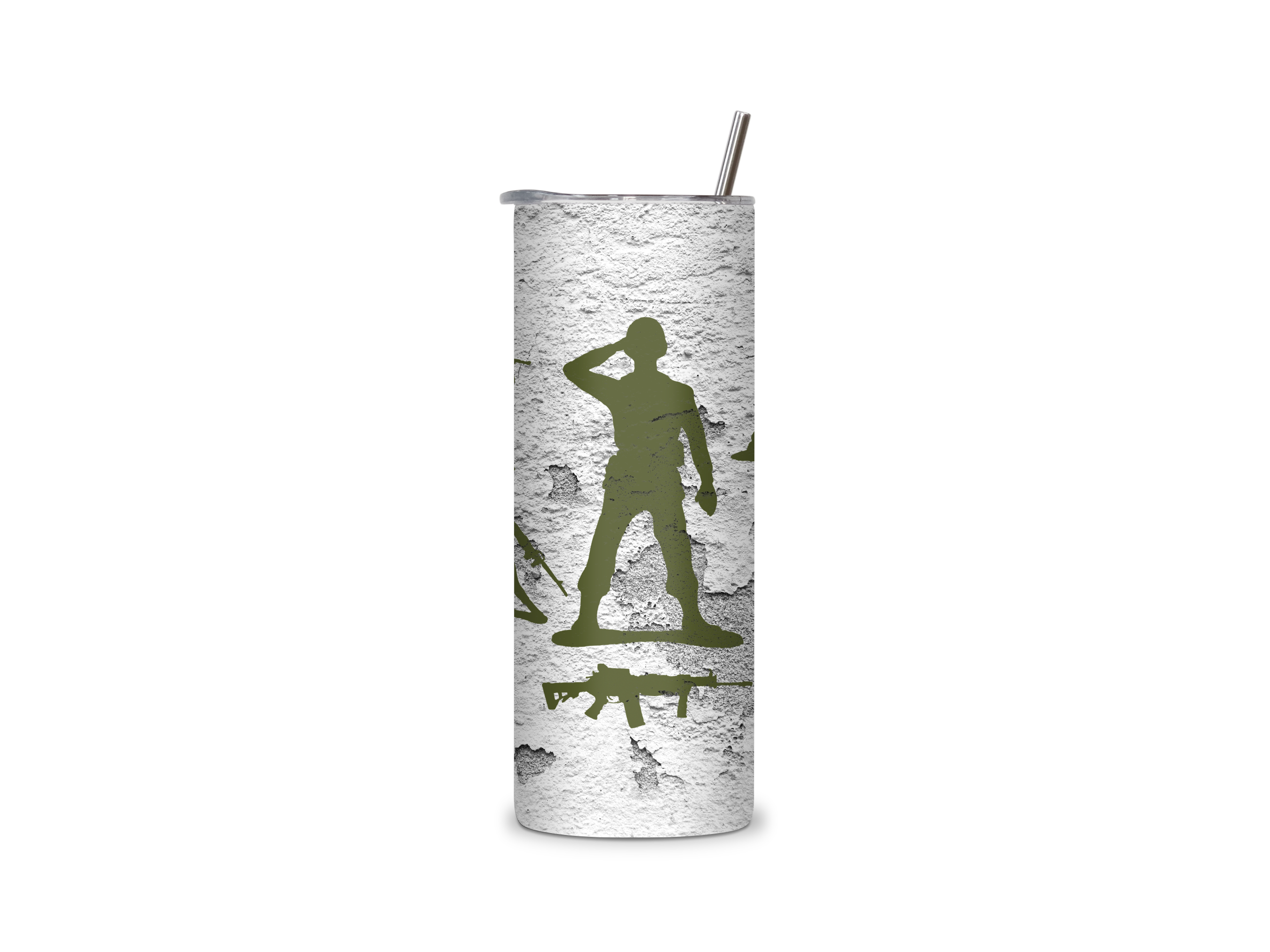 Little Green Army Men Squad insulated tumbler featuring multiple olive-green toy soldiers and a central saluting figure on a weathered concrete-style background.