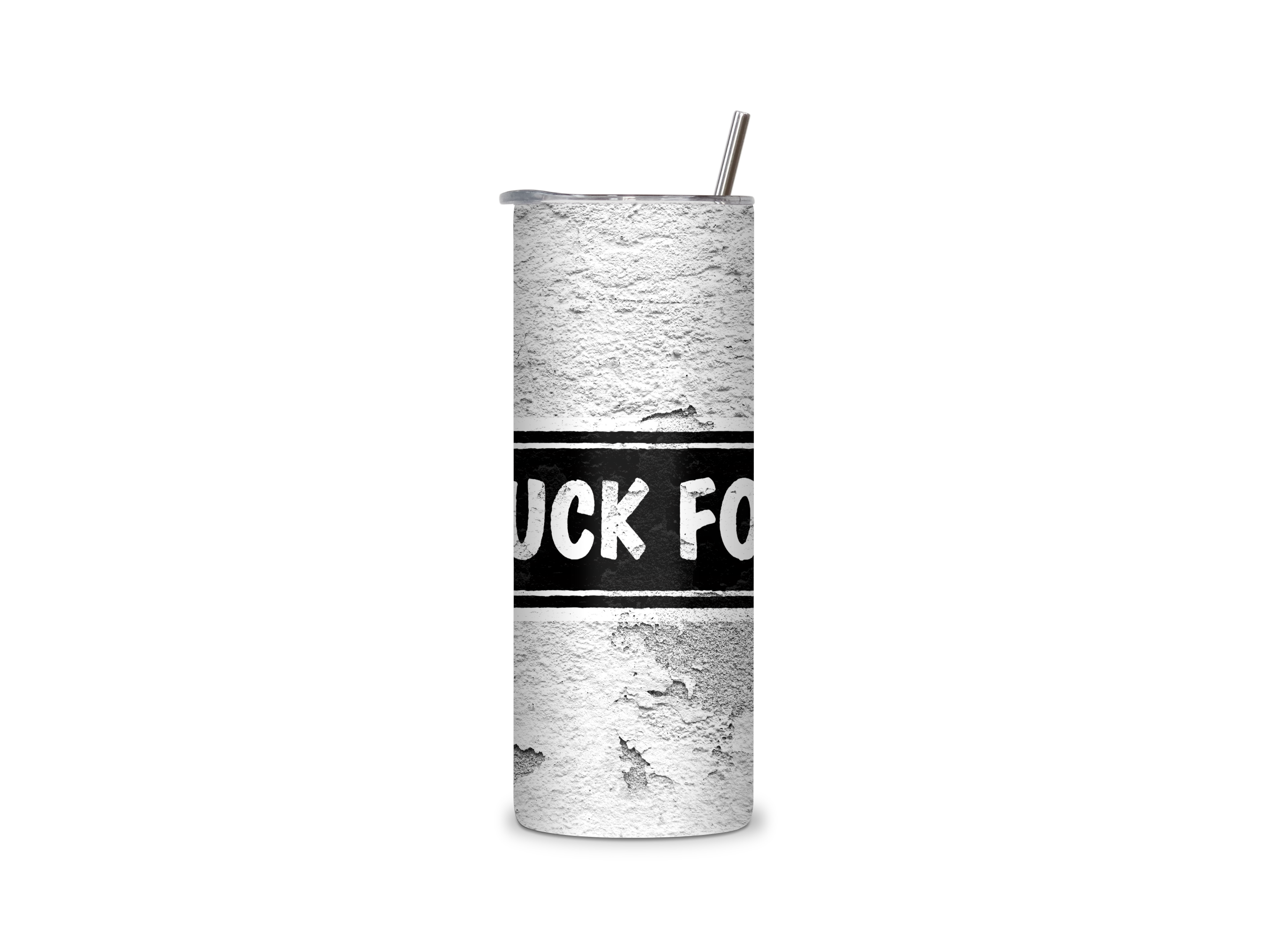 Yuck Fou full-wrap insulated tumbler featuring distressed white lettering inside a black sign graphic on a weathered concrete-style background.