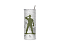 Little Green Army Man insulated tumbler featuring an olive-green toy soldier saluting on a weathered concrete-style background.