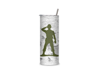 Little Green Army Man insulated tumbler featuring an olive-green toy soldier saluting on a weathered concrete-style background.