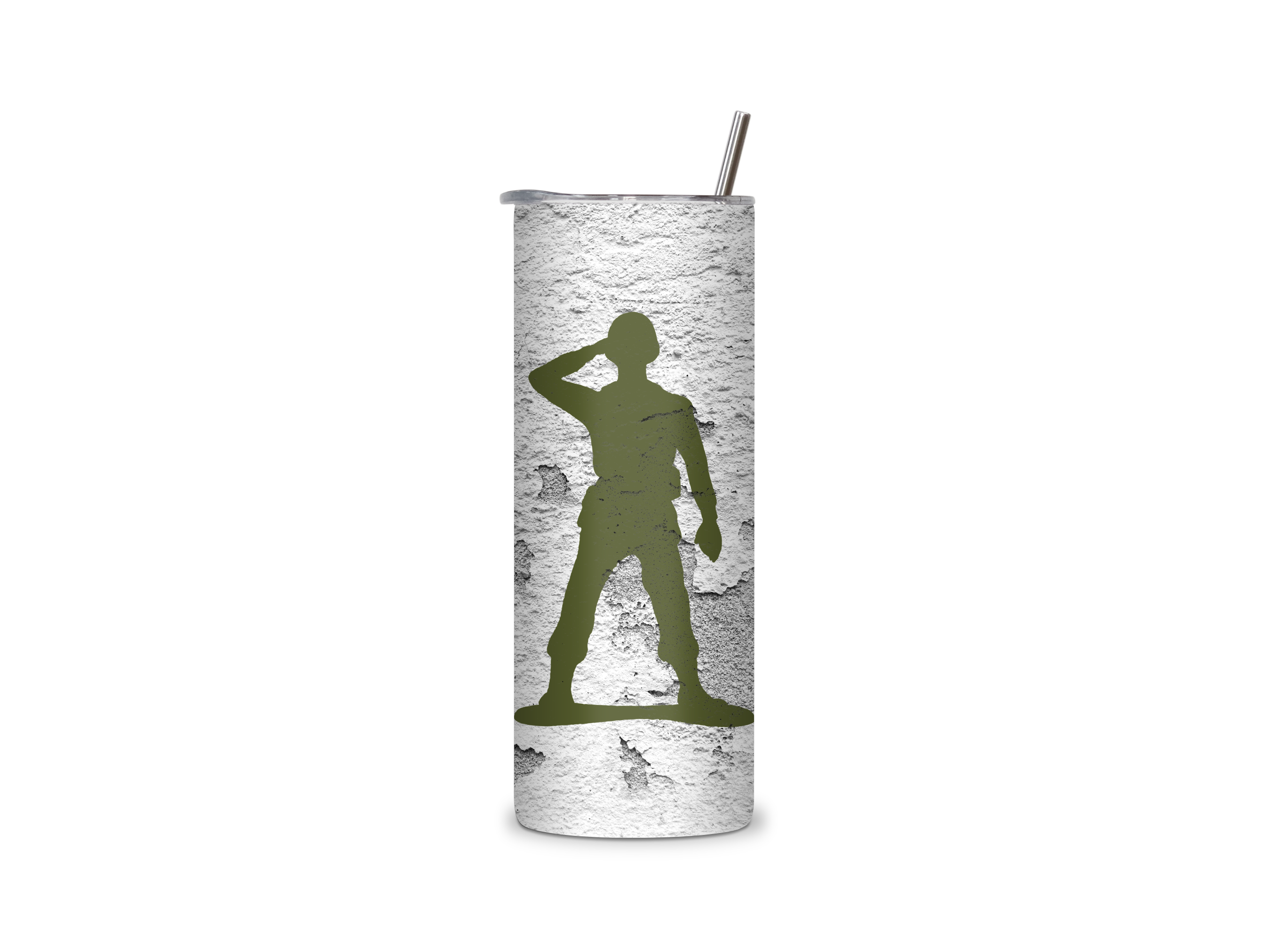 Little Green Army Man insulated tumbler featuring an olive-green toy soldier saluting on a weathered concrete-style background.