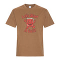 Caramel colored T-shirt with a distressed vintage-style red smiling pitcher character with arms and legs, surrounded by the words “Let’s Start A Cult!” in bold retro lettering.