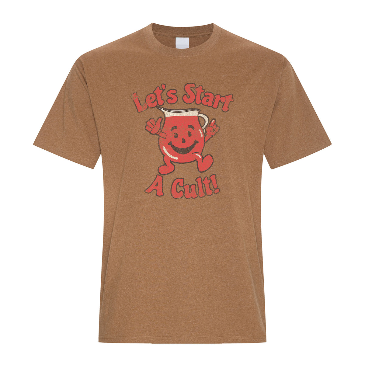 Caramel colored T-shirt with a distressed vintage-style red smiling pitcher character with arms and legs, surrounded by the words “Let’s Start A Cult!” in bold retro lettering.