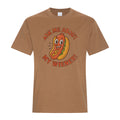 Caramel colored graphic T-shirt featuring a distressed vintage-style cartoon hot dog with a smiling face, mustard and relish, surrounded by the words “Ask Me About My Wiener!” in bold red retro lettering.